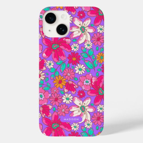 Bright Purple Hot Pink Floral Personalized Case_Mate iPhone 14 Case