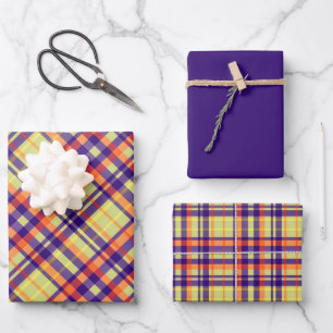 Bright Purple, Orange, Lime Green & Yellow Plaid Wrapping Paper Sheets
