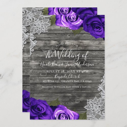 Bright Purple Roses Grey Rustic White Lace Wedding Invitation