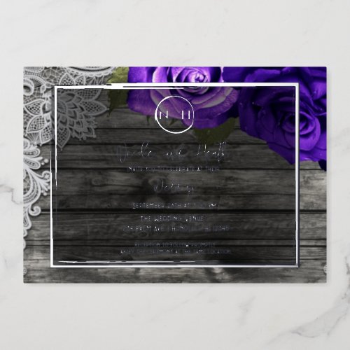 Bright Purple Roses Wood  Lace Rustic Wedding Foil Invitation