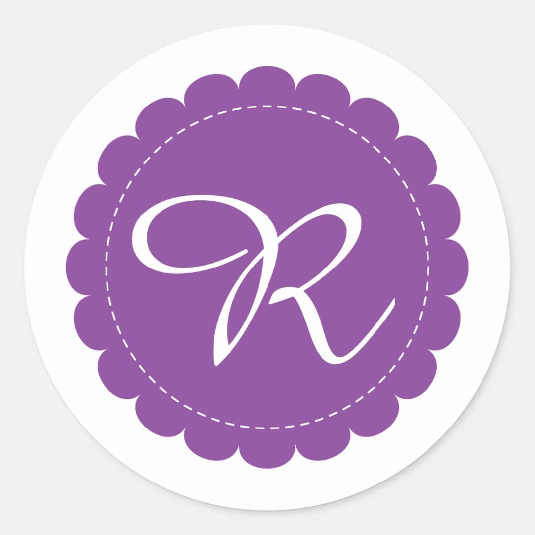 Bright Purple Scalloped Circle Cursive Monogram Classic Round Sticker ...