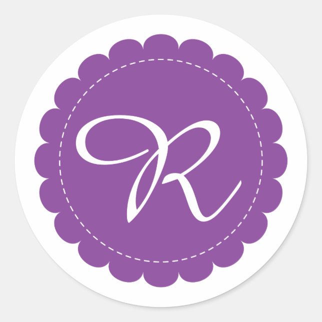 Bright Purple Scalloped Circle Cursive Monogram Classic Round Sticker (Front)