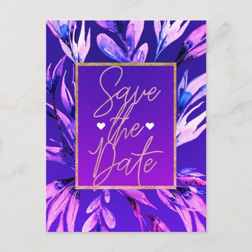 Bright Purple Watercolor Botanical Save the Date Announcement Postcard