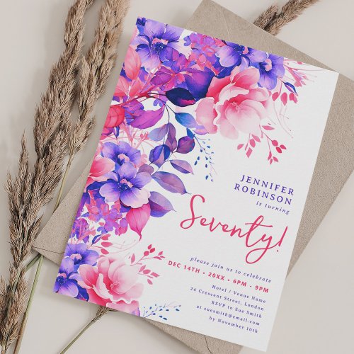 Bright Purple Watercolor Floral 70th Birthday  Invitation