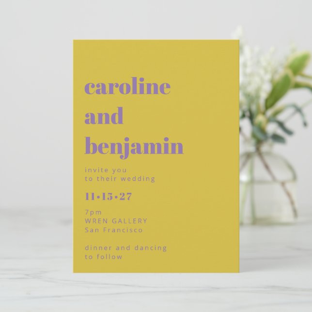Bright Purple Yellow Simple Bold Modern Wedding Invitation (Standing Front)