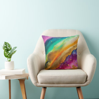 Bright Rainbow Abstract Watercolor Gold Foil Ink Throw Pillow