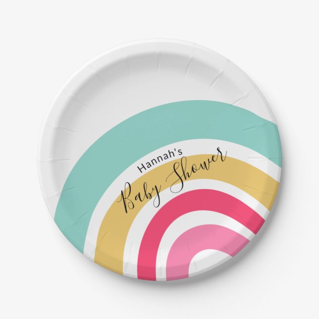 Bright Rainbow Baby Shower with Name Paper Plates (Front)