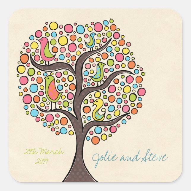 Bright Rainbow Bird Tree Custom Wedding Sticker (Front)