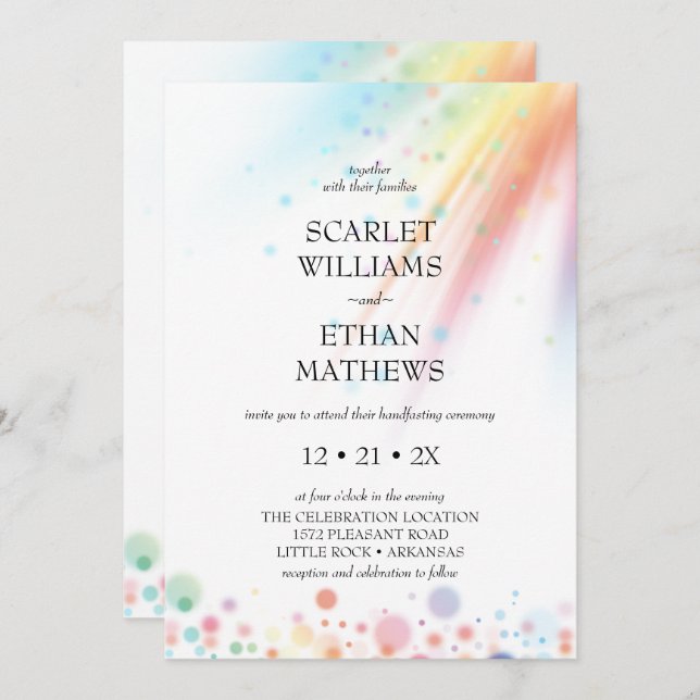 Bright Rainbow Bubble Light LGBTQ Handfasting  Invitation (Front/Back)