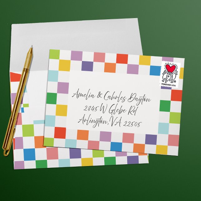 Bright Rainbow Checkerboard Fun Party Envelope (colorful checkerboard patterned envelope with blank space for hand-writing addresses)