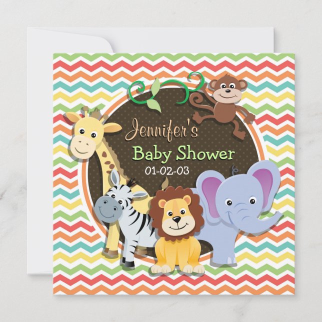 Bright Rainbow Chevron Zoo Animals Baby Shower Invitation (Front)