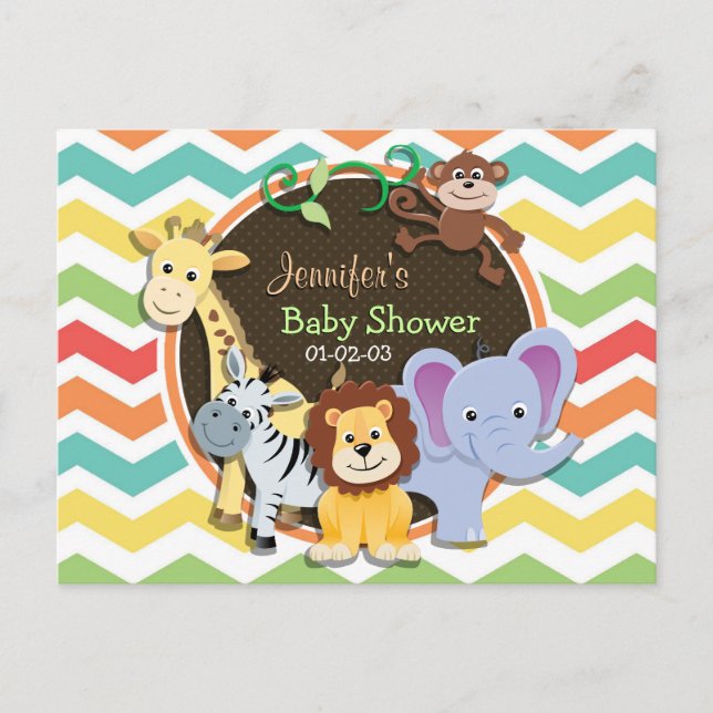 Bright Rainbow Chevron Zoo Animals Baby Shower Invitation Postcard (Front)