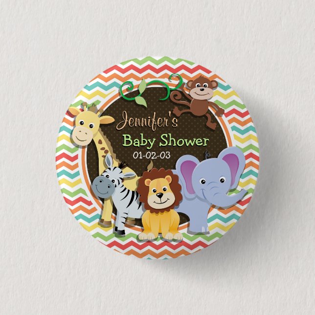 Bright Rainbow Chevron Zoo Animals Baby Shower Pinback Button (Front)
