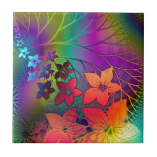 Bright rainbow colored floral design ceramic tile