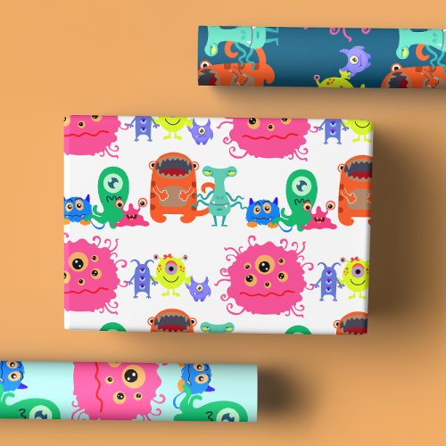 Bright Rainbow Colored Monster Illustrations Wrapping Paper Sheets