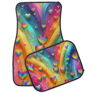 BRIGHT RAINBOW COLORED RAINBOWS & HEARTS CAR FLOOR MAT