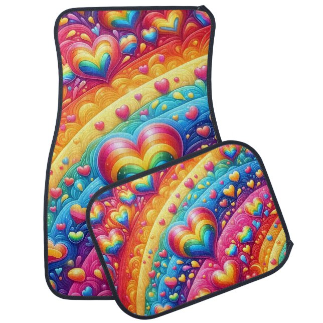 BRIGHT RAINBOW COLORED RAINBOWS & HEARTS CAR FLOOR MAT (Set)