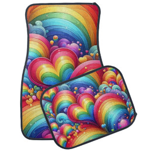 BRIGHT RAINBOW COLORED RAINBOWS & HEARTS CAR FLOOR MAT