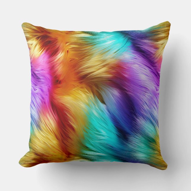 Bright Rainbow faux monster fur texture Throw Pillow (Front)