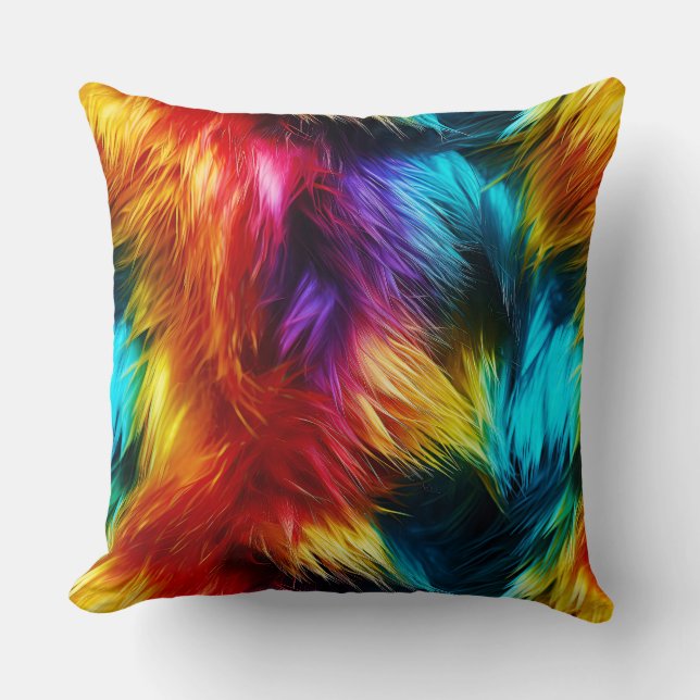 Bright Rainbow faux monster fur texture Throw Pillow (Front)