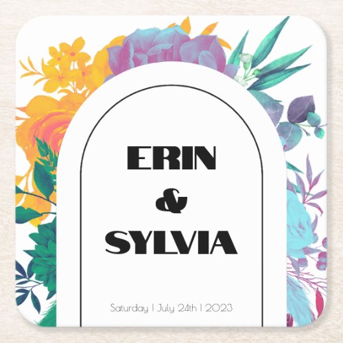 Bright Rainbow Floral Wedding Square Paper Coaster