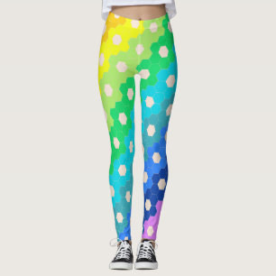 Bright Rainbow Geometric Hexagon Flower Pattern Leggings