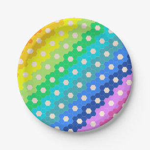 Bright Rainbow Geometric Hexagon Flower Pattern Paper Plates