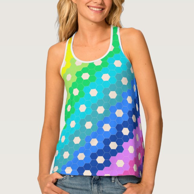 Bright Rainbow Geometric Hexagon Flower Pattern Tank Top (Front)