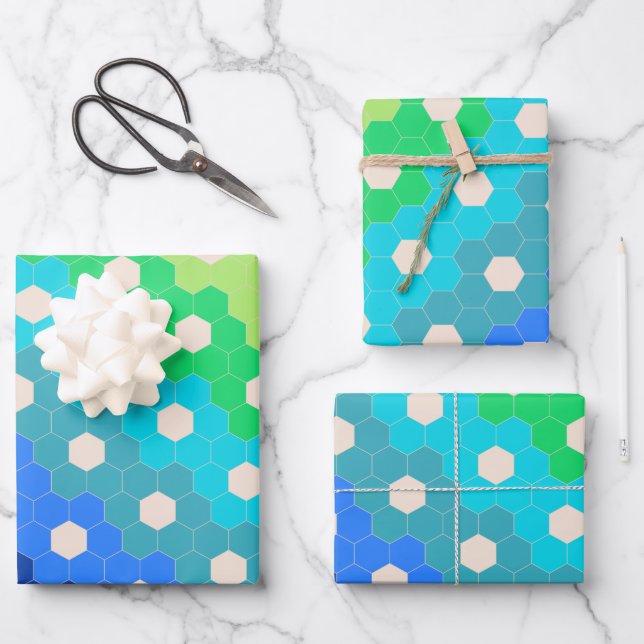 Bright Rainbow Geometric Hexagon Flower Pattern Wrapping Paper Sheets (Front)