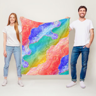 Bright Rainbow & Gold Faux Glitter Agate Fleece Blanket