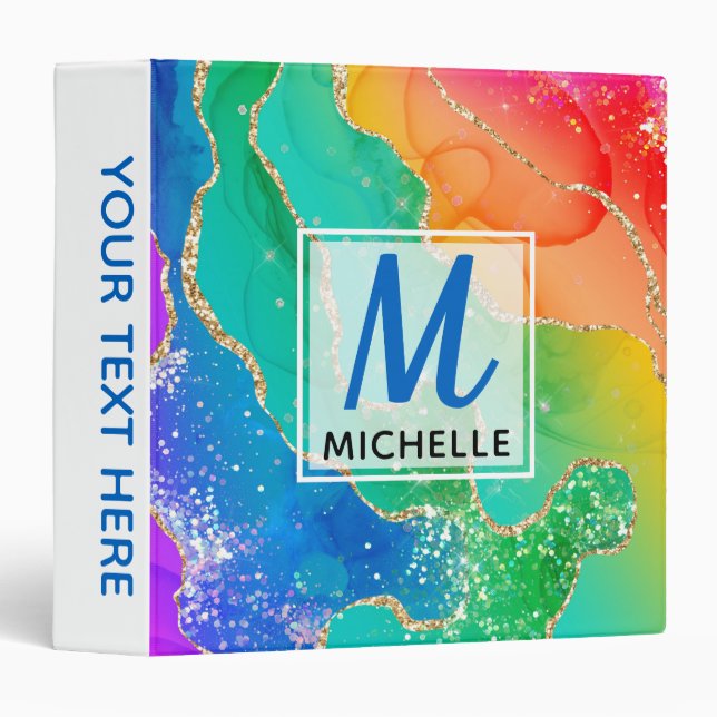 Bright Rainbow & Gold Faux Glitter Agate Monogram 3 Ring Binder (Front/Spine)