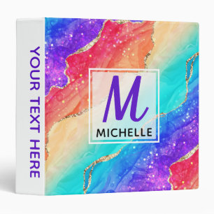 Bright Rainbow & Gold Faux Glitter Agate Monogram 3 Ring Binder