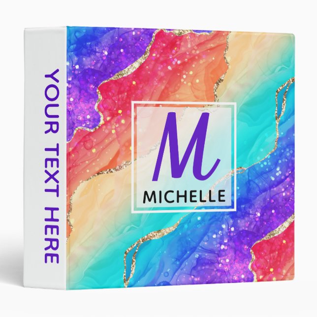 Bright Rainbow & Gold Faux Glitter Agate Monogram 3 Ring Binder (Front/Spine)