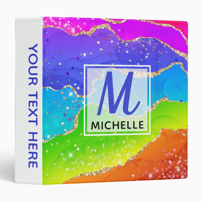 Bright Rainbow & Gold Faux Glitter Agate Monogram 3 Ring Binder (Front/Spine)