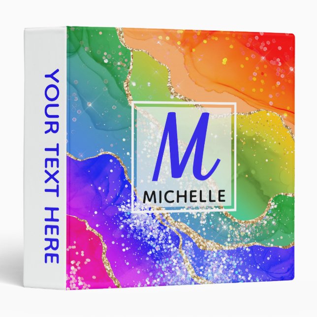 Bright Rainbow & Gold Faux Glitter Agate Monogram 3 Ring Binder (Front/Spine)