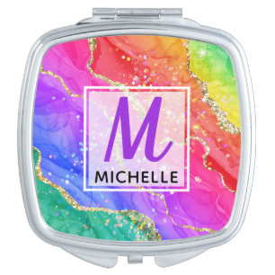 Bright Rainbow & Gold Faux Glitter Agate Monogram Compact Mirror