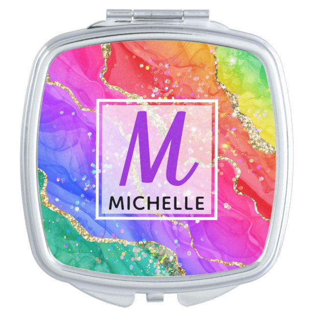 Bright Rainbow & Gold Faux Glitter Agate Monogram Compact Mirror (Front)