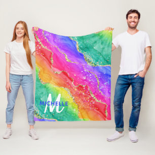 Bright Rainbow & Gold Faux Glitter Agate Monogram Fleece Blanket