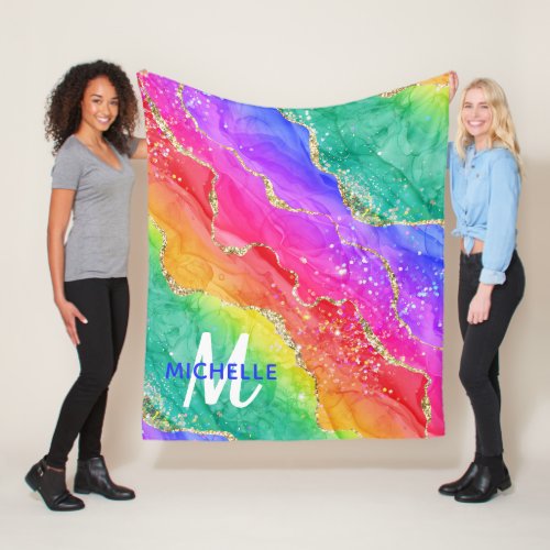 Bright Rainbow  Gold Faux Glitter Agate Monogram Fleece Blanket