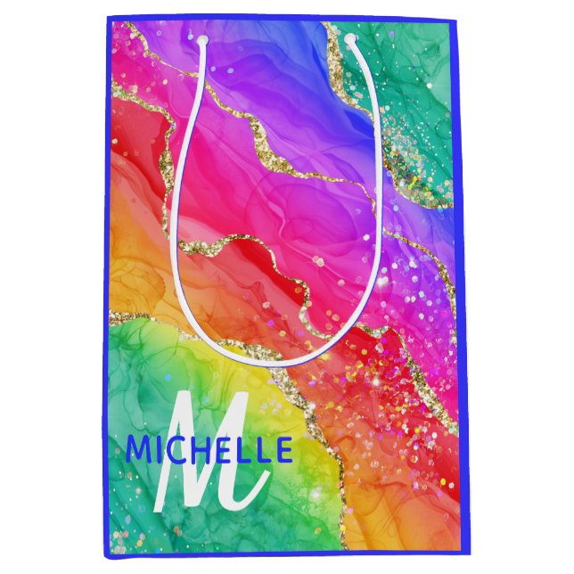 Bright Rainbow & Gold Faux Glitter Agate Monogram Medium Gift Bag (Front)