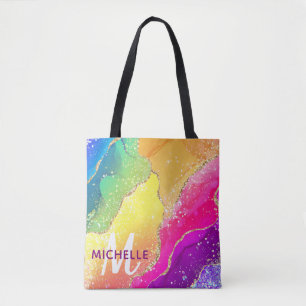 Bright Rainbow & Gold Faux Glitter Agate Monogram Tote Bag