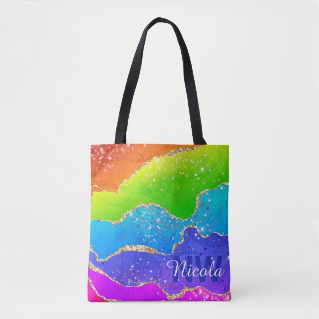 Bright Rainbow & Gold Faux Glitter Agate Monogram Tote Bag (Front)