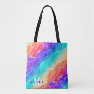 Bright Rainbow & Gold Faux Glitter Agate Monogram Tote Bag