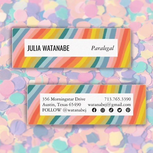 Bright Rainbow Handmade Stripes w Social Icons Mini Business Card