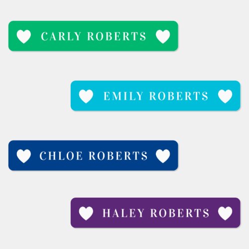 Bright Rainbow Heart Kids Name Waterproof Labels