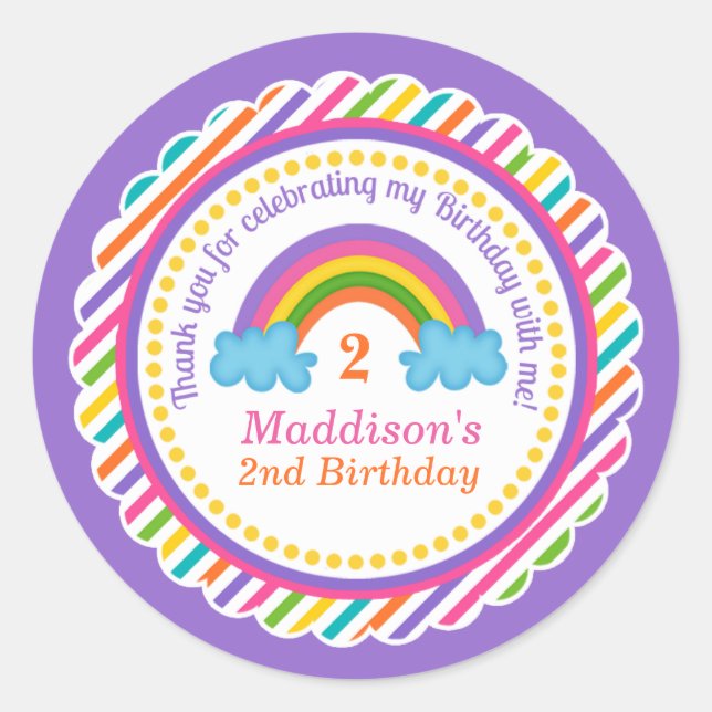 Bright rainbow kids girls birthday stickers favor (Front)