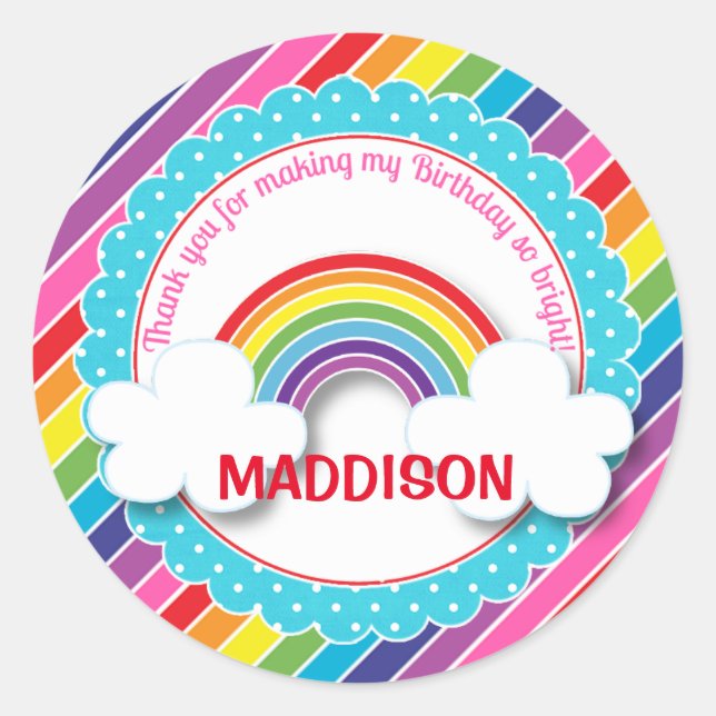 Bright rainbow kids girls birthday stickers favors (Front)