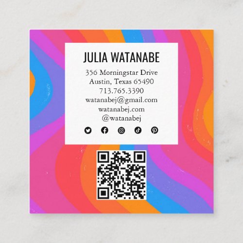 Bright Rainbow Minimalist Stripes QR Social Media Square Business Card