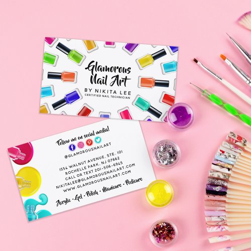 Bright Rainbow Nail Art Tech Salon Social Media Business Card