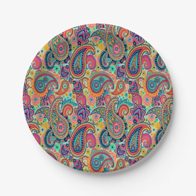 Bright Rainbow Paisley Paper Plates (Front)
